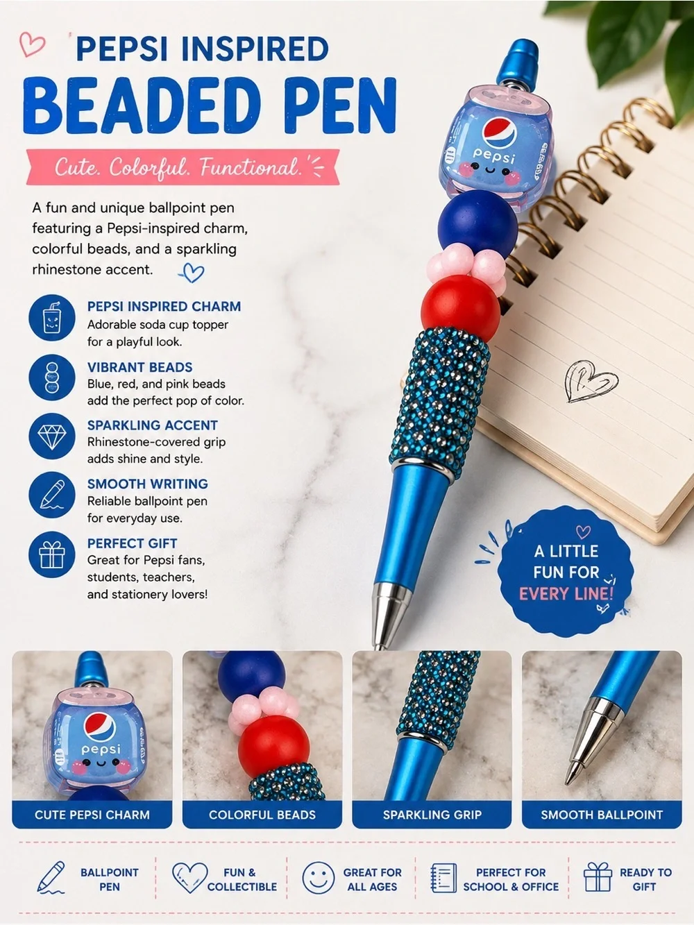 Pepsi Decorative Blue Ballpoint Pen with Red and Pink Beads